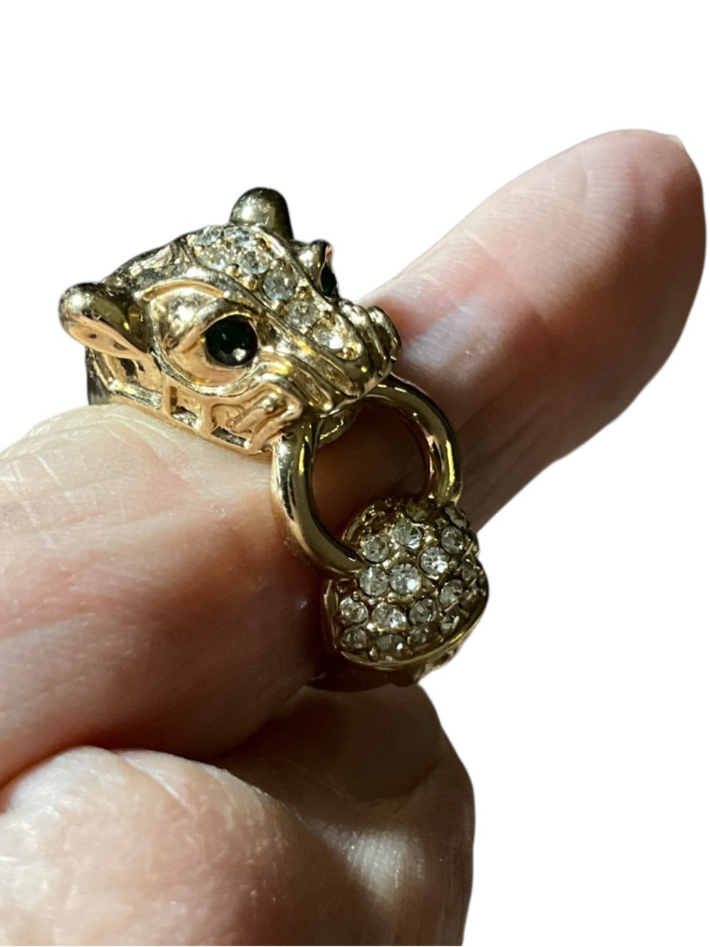 Vintage Banana Republic Panther Ring Gold Tone Rhinestone Green Eyes Statement - Picture 8 of 12